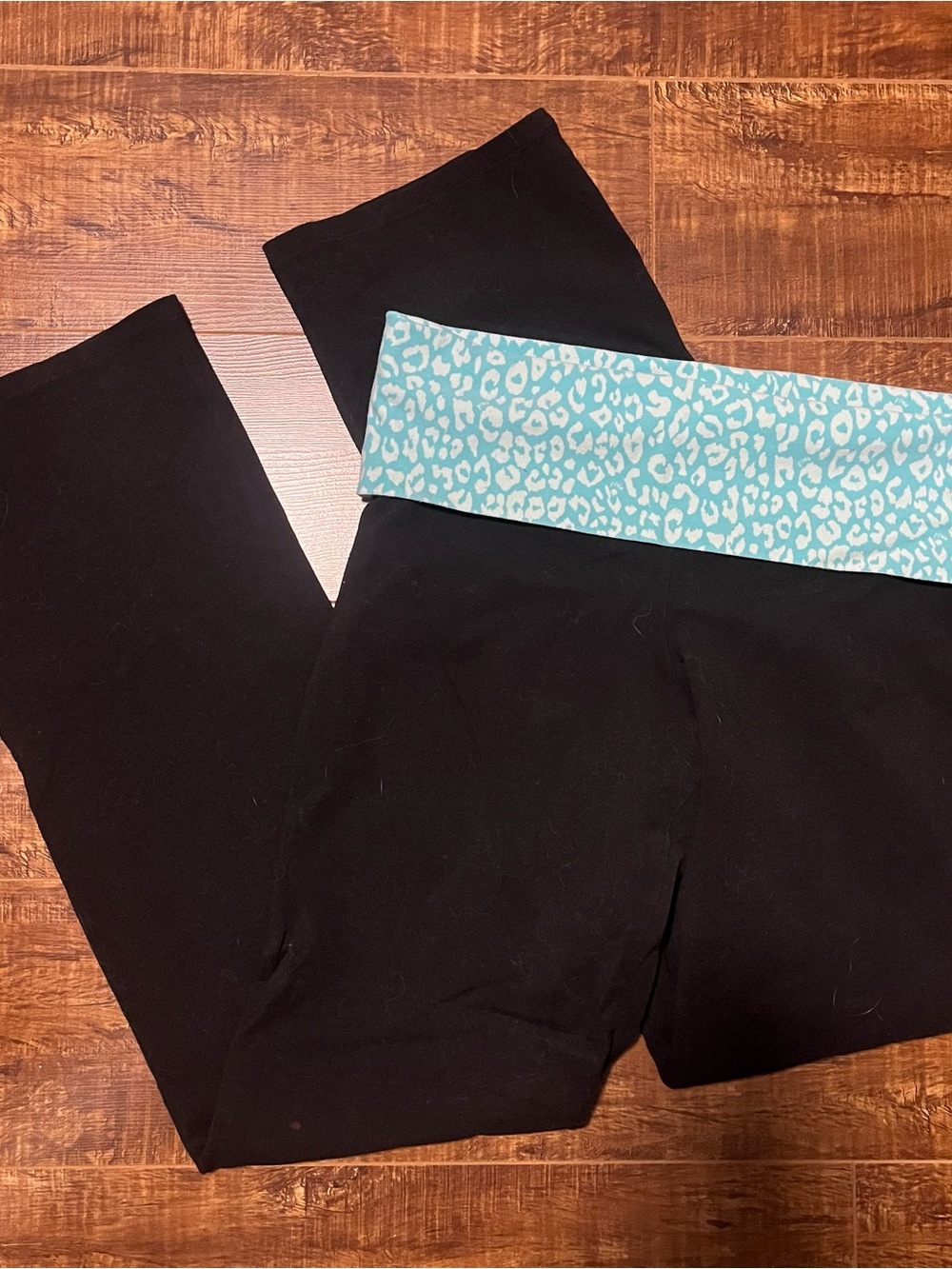 Victoria's Secret Black Leggings with Aqua Leopard Foldover Waistband y2k 2000s